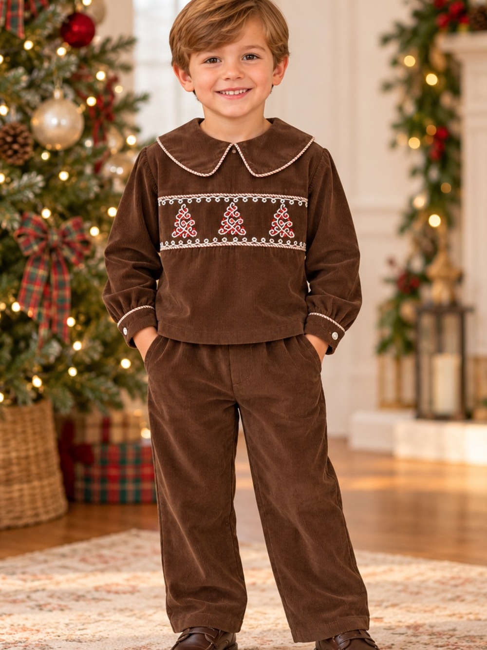 Patycake Kids Boys Size 5 Christmas Smocked Corduroy Brown 2 Piece Outfit